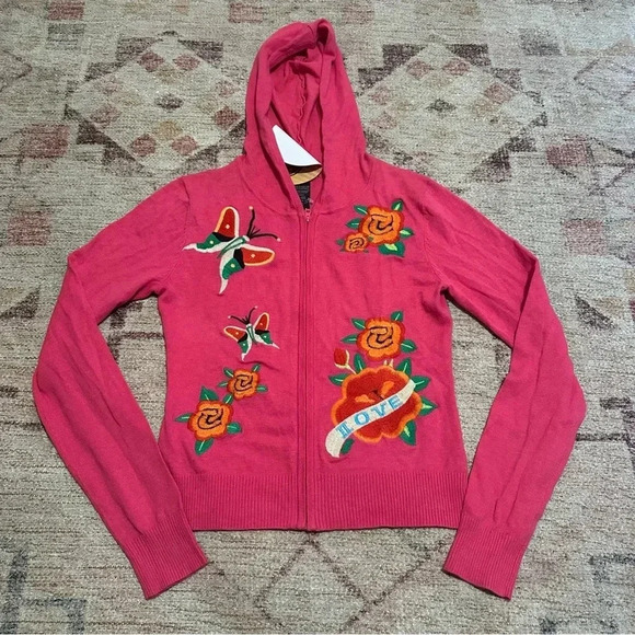 NWT Y2K deadstock Pink butterfly & rose zip up sweater size medium - Picture 3 of 10